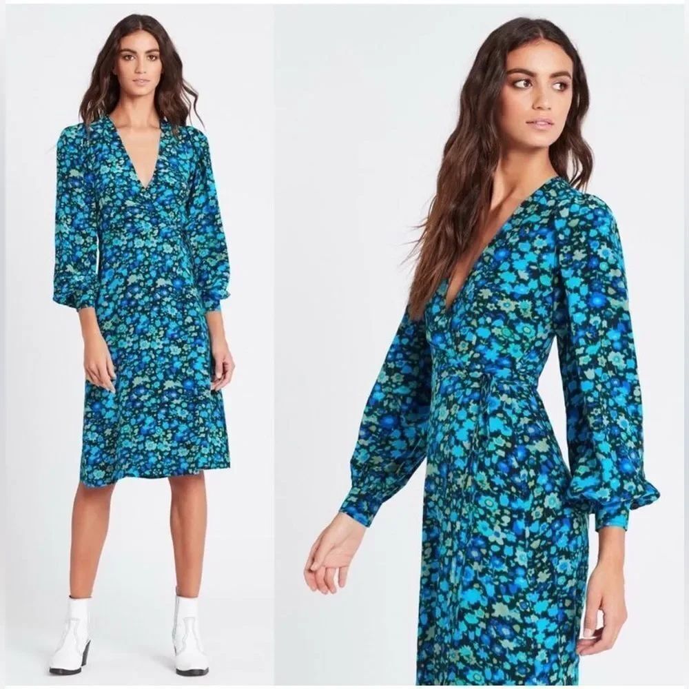 Ganni Blue Wrap Dress Azure Blue Floral V Neck Long Sleeve Silk Blend Sz 42 D2